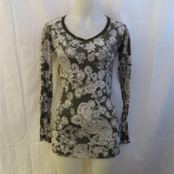 ERGE GRAY WHITE FLORAL PRINT LONG SLEEVE T-SHIRT L - Picture 1 of 5